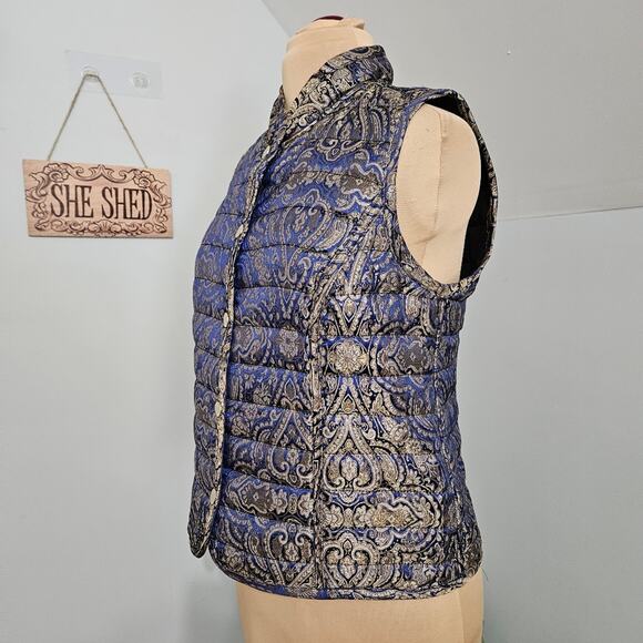 Chico's Reversible Quilted Vest Snap Front Sleeveless Blue Jacquard Black Jacket - Picture 7 of 15